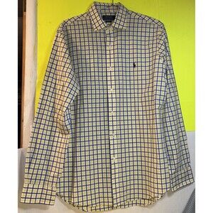Ralph Lauren Button Down Shirt Menʼs Large Yellow Blue Check Cotton Long Sleeve